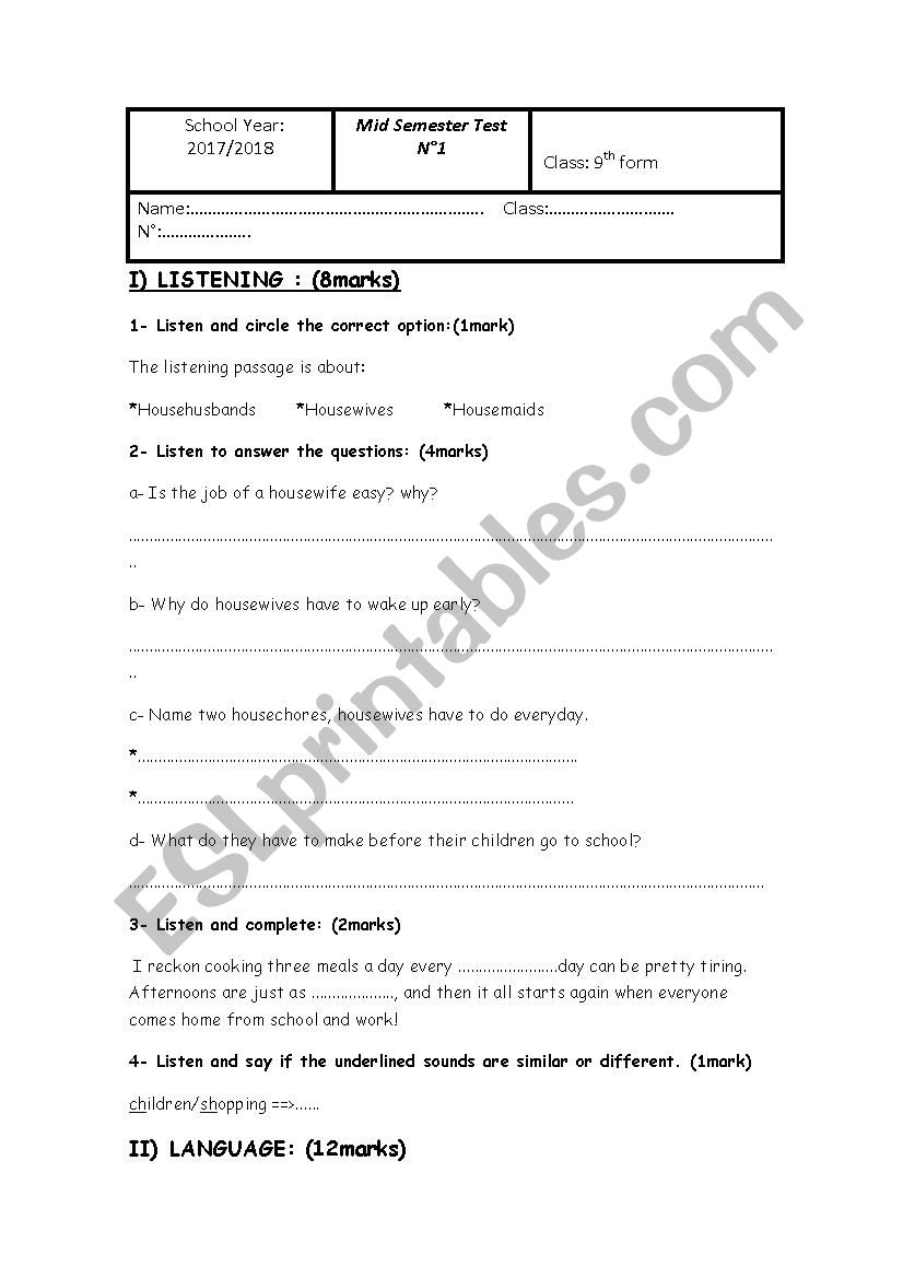 Mid semester n1 9th form  worksheet