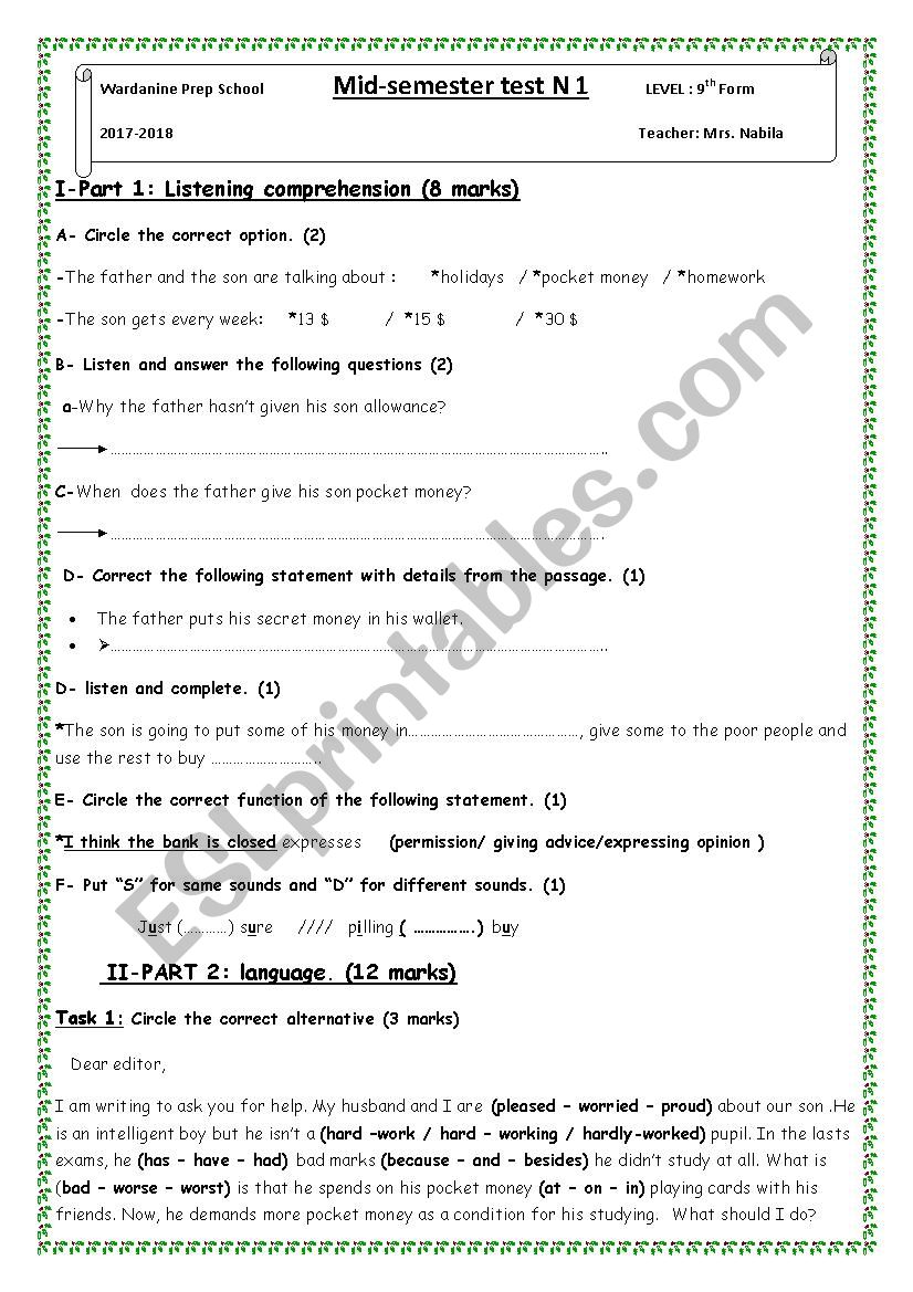 Mid semester test n 1 worksheet