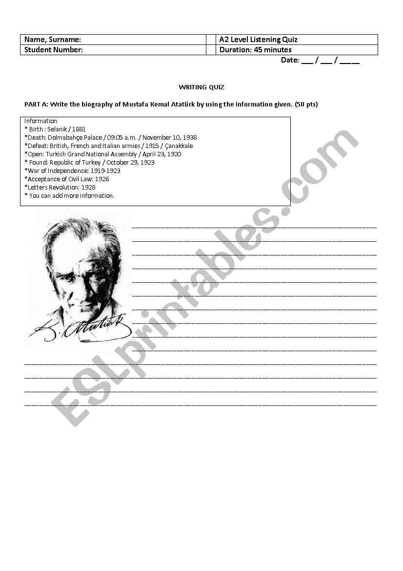Writing about AtatÃ¼rk worksheet