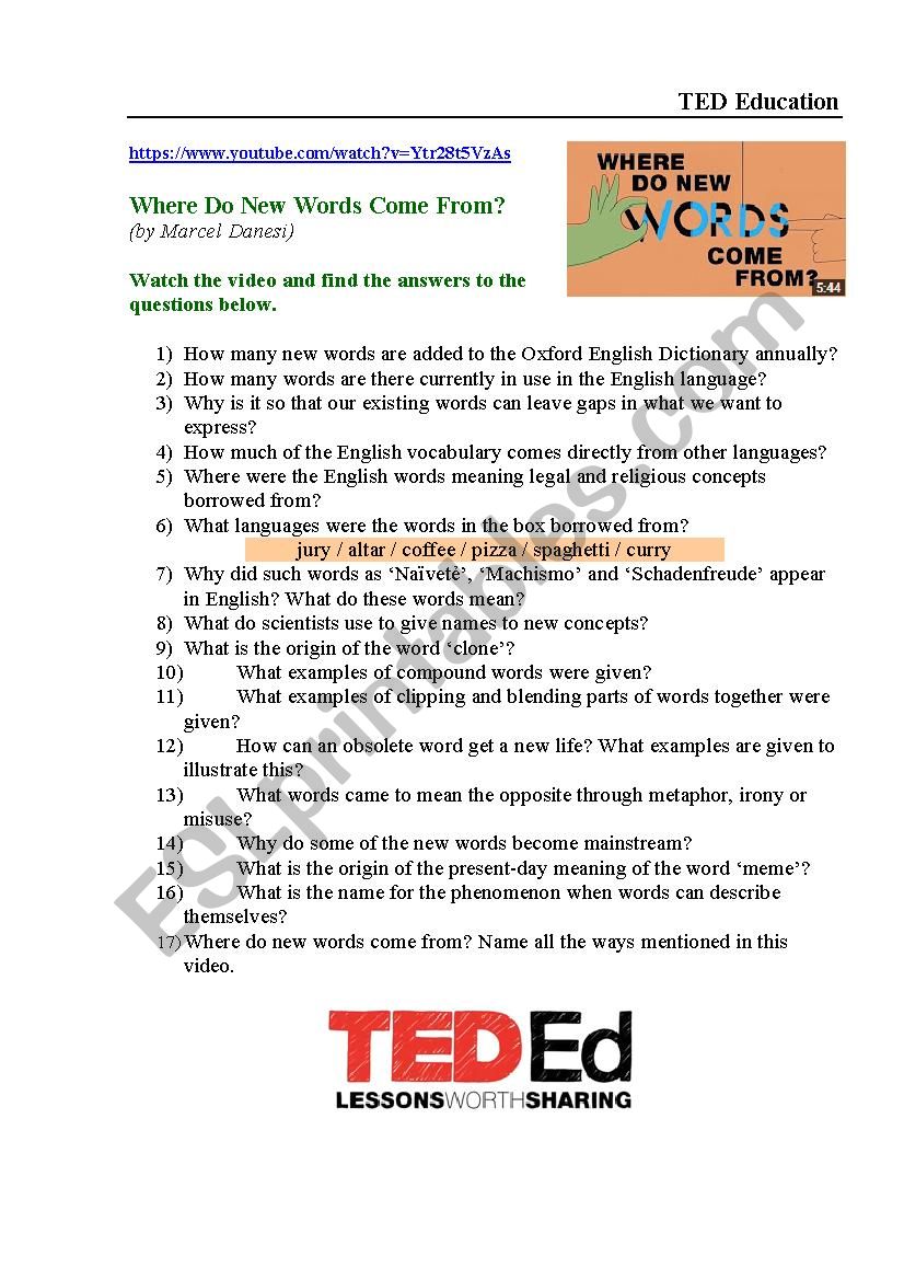 TED Ed Video-Based Worksheet: Where Do New Words Come From?