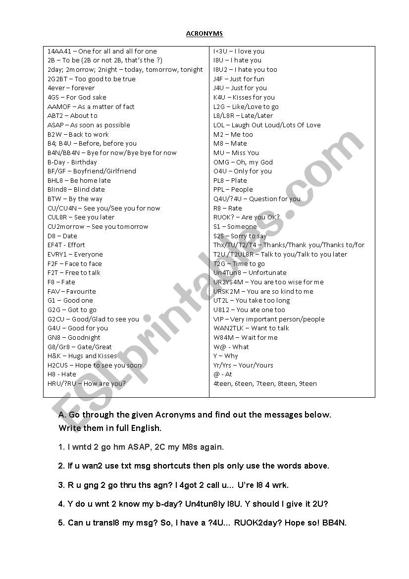 Acronyms worksheet