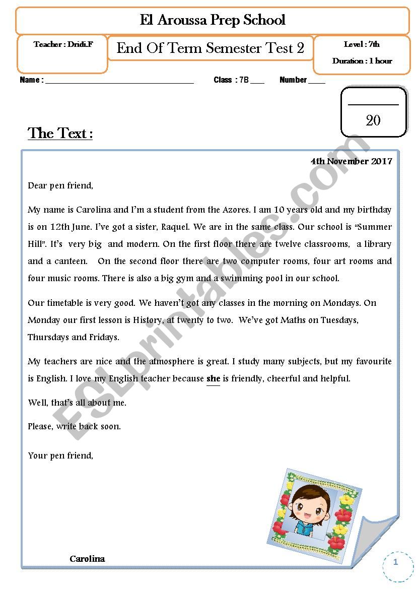 end semester test 2 worksheet