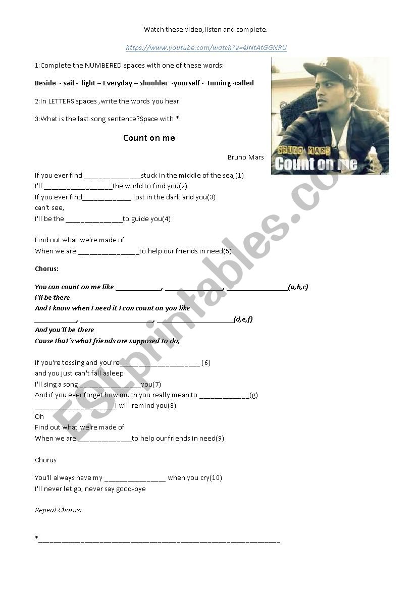 Song activity:Count on me worksheet