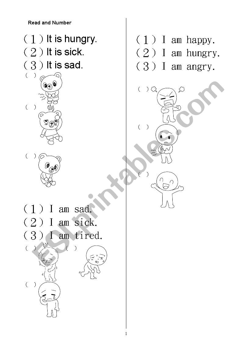 feelings:read and number worksheet