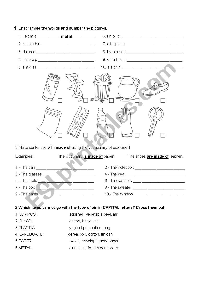 Materials worksheet