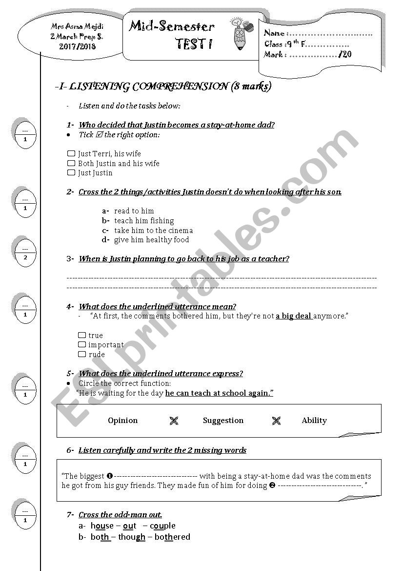  9th Form Mid-Semester Test 1 worksheet