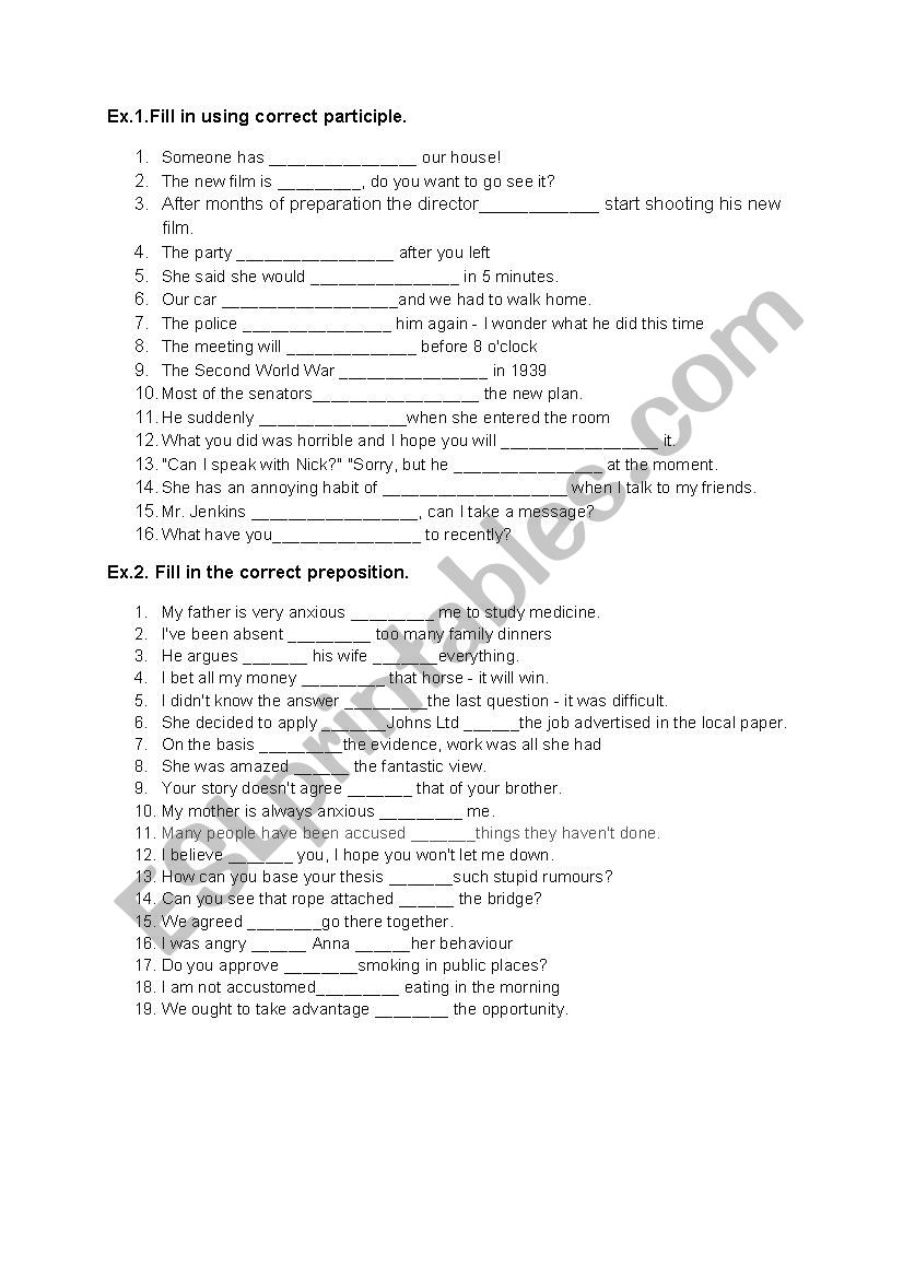 Prepositions and participles  worksheet