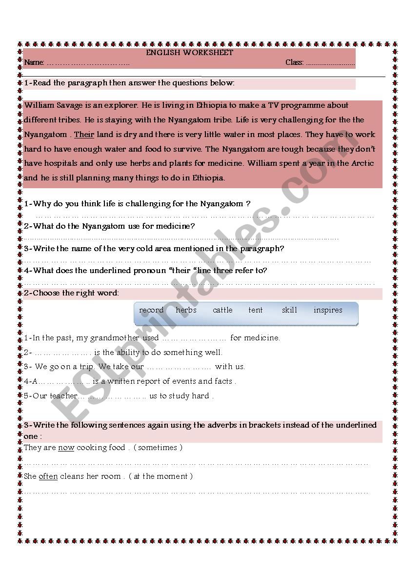 English Reading comprehension worksheet