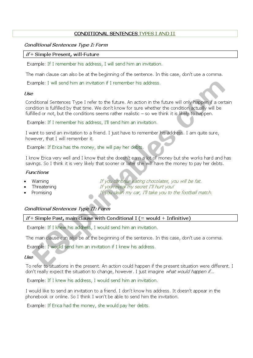Conditional types I and II worksheet