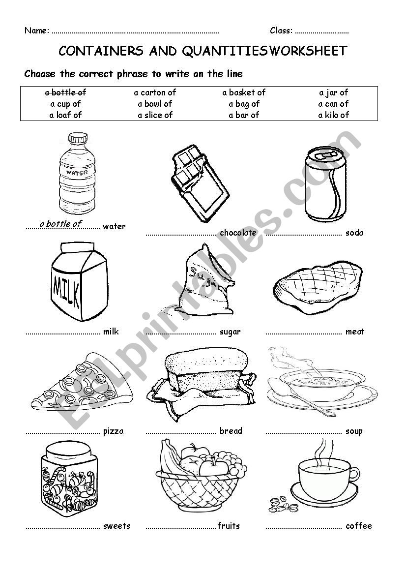 Containers and Quantities ESL worksheet