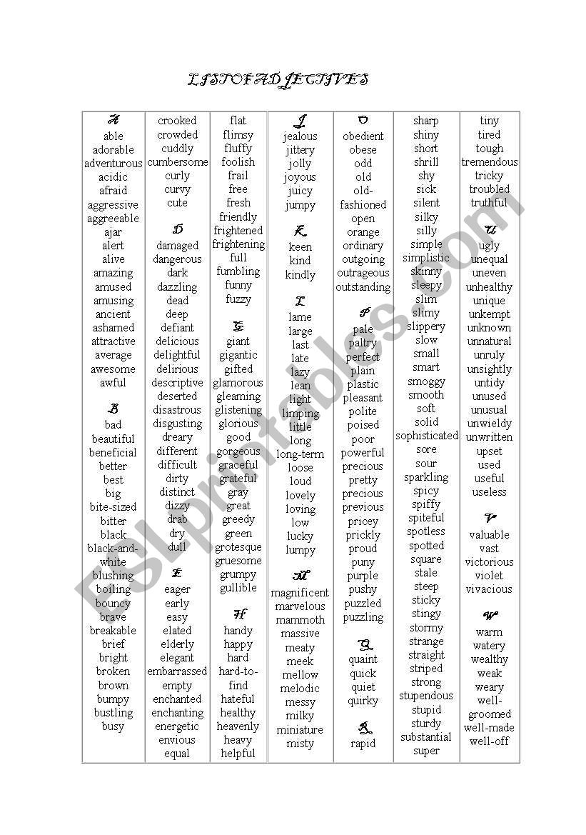 List of Adjectives worksheet