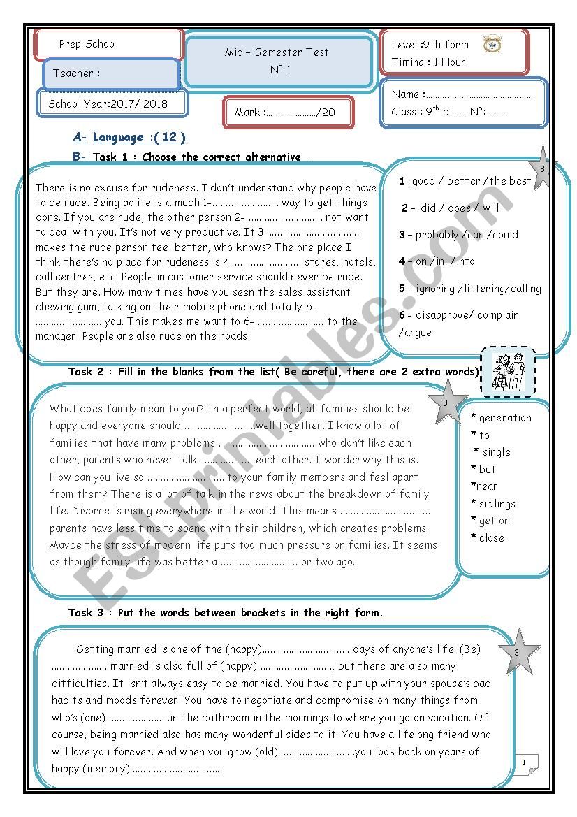Mid-Semester test n1 9th form