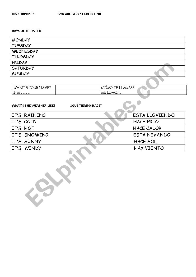 big surprise 1 worksheet