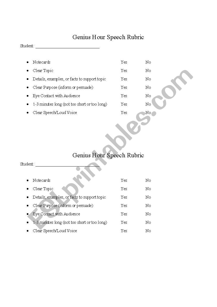 Speech Rubric  worksheet