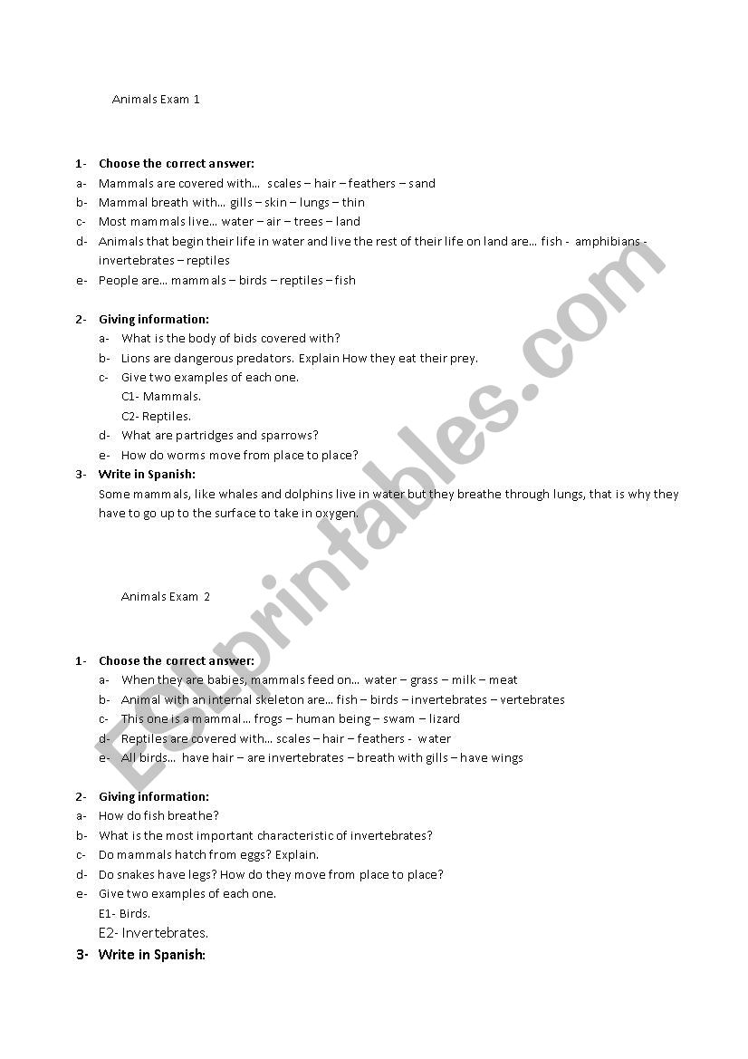 Animals Exam 1 & 2 worksheet