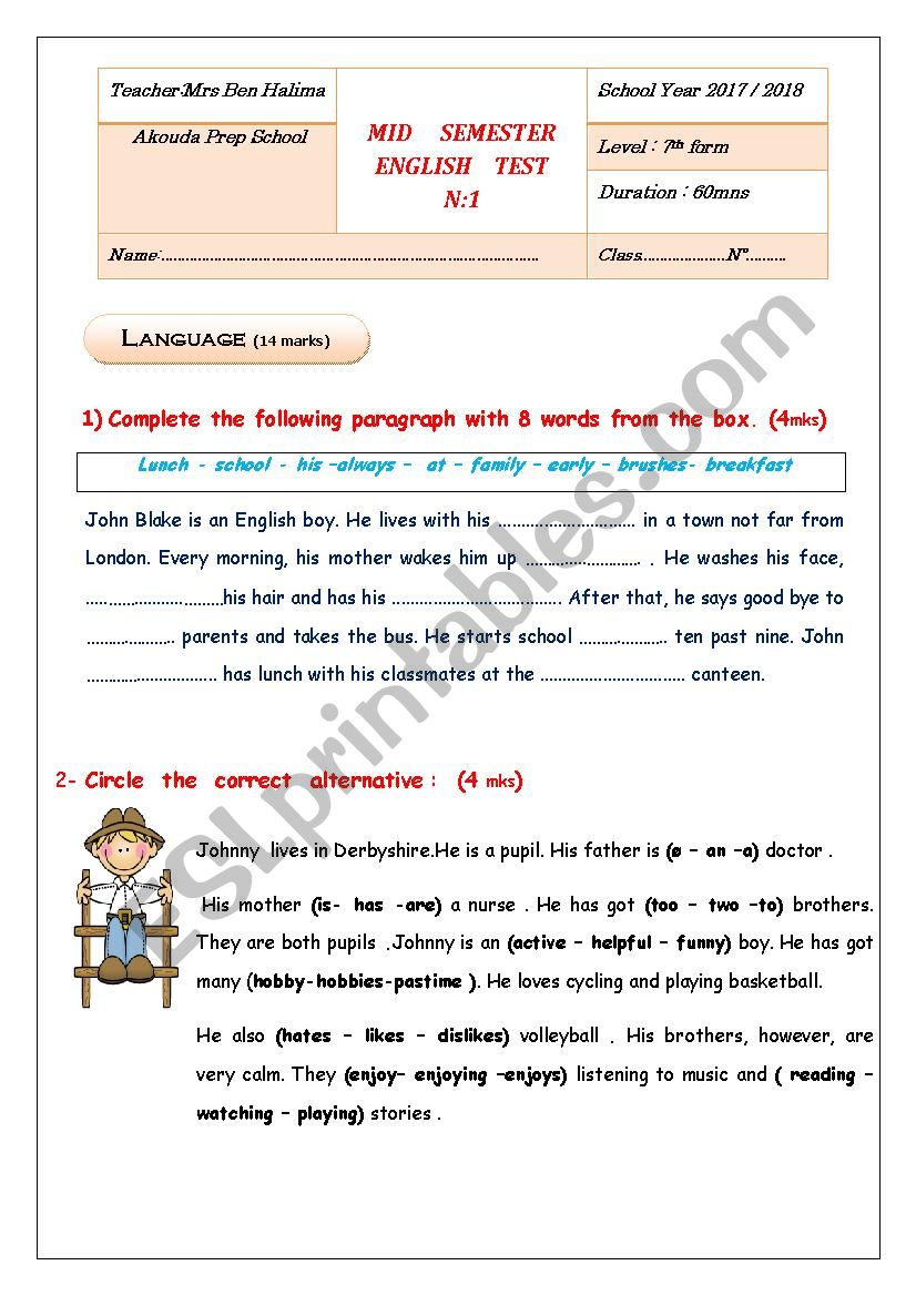 Mid Semester test N1 7th form worksheet