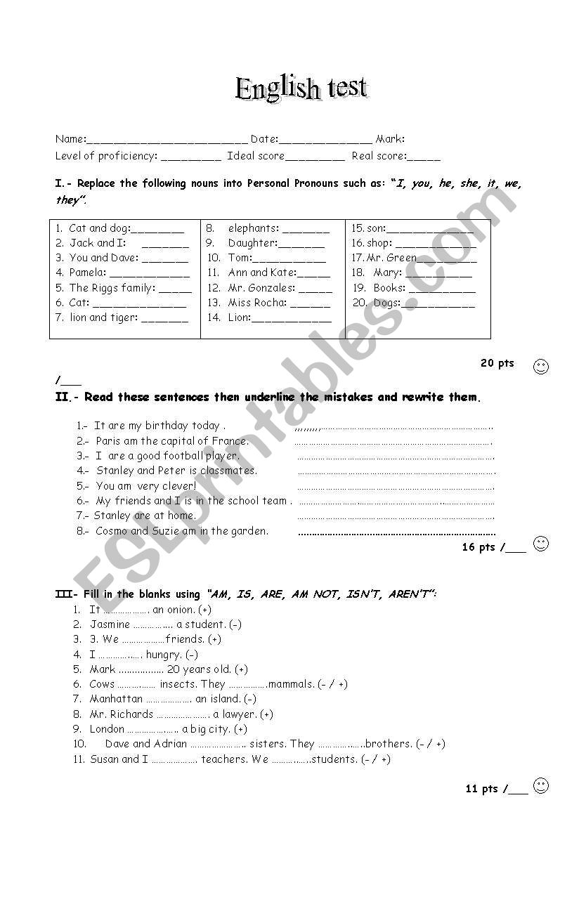 test verb to be and personalpronouns