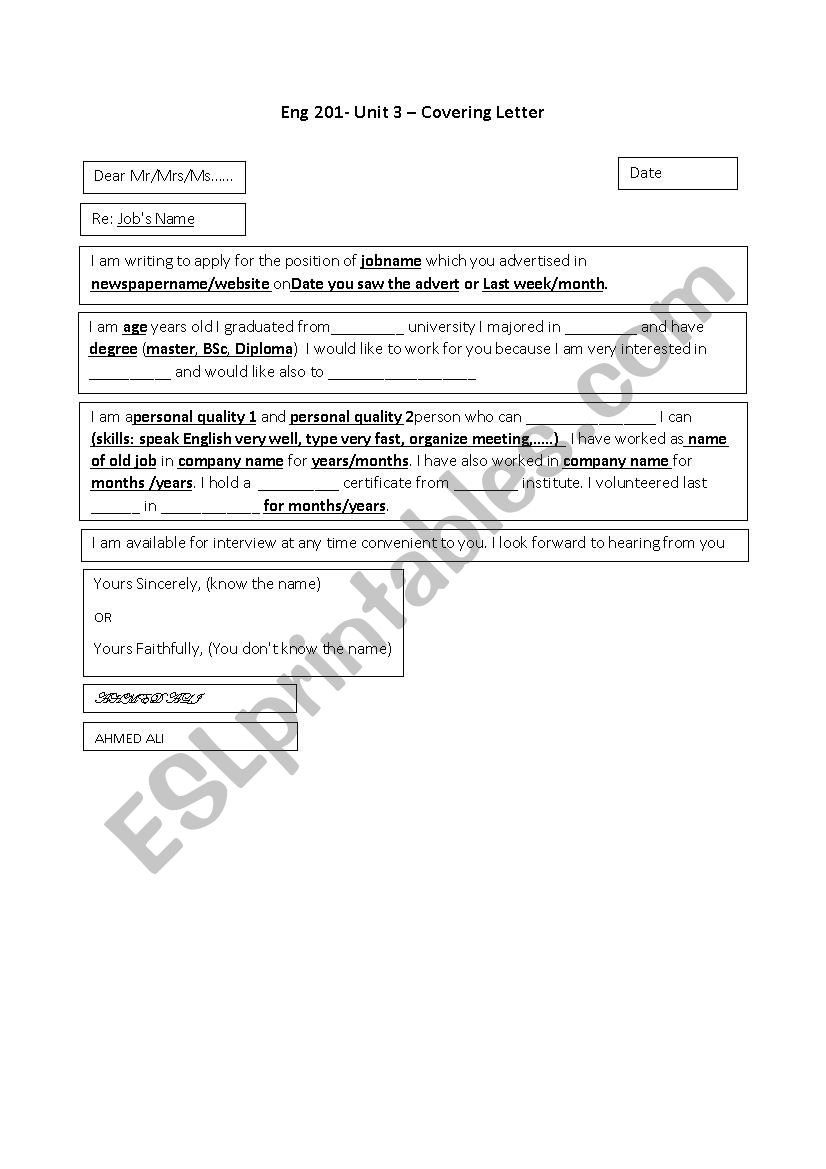 covering letter  worksheet