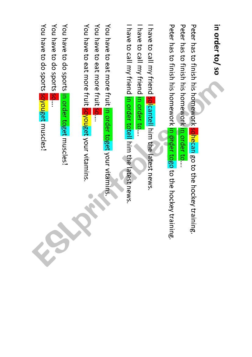 Difference: so/ in order to worksheet