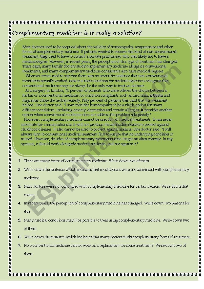 coplementrary medicine worksheet