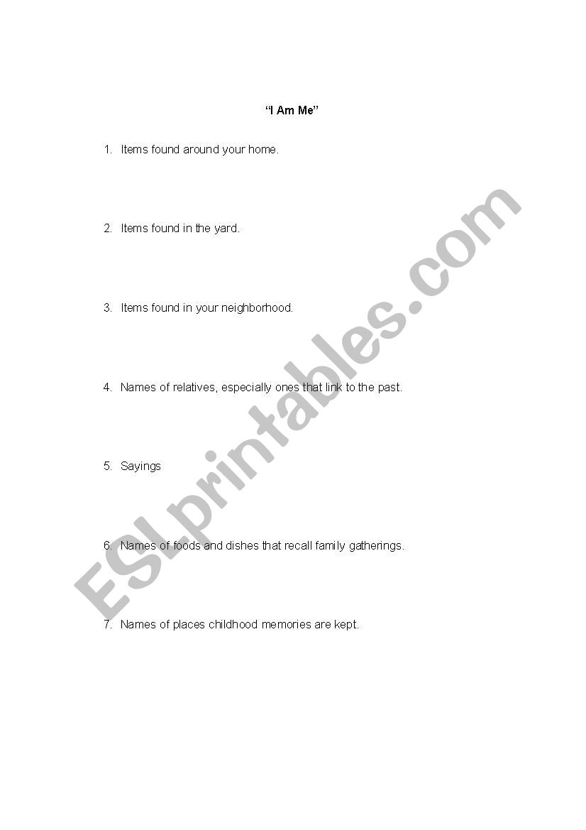 I Am Me - student brainstorm worksheet