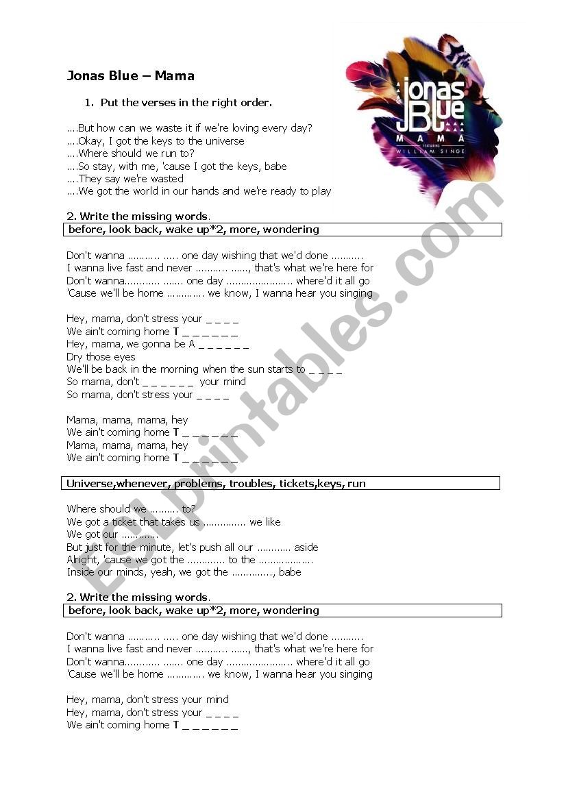 jonas blue - mama worksheet