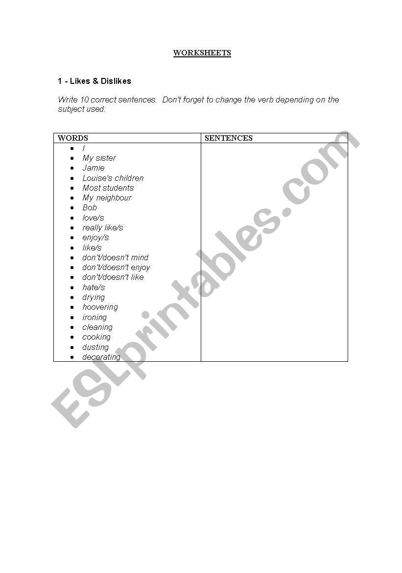 likes and dislikes worksheet