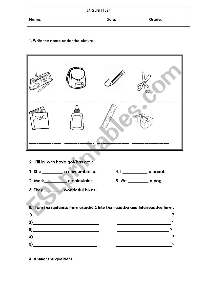 english test school objects and have got