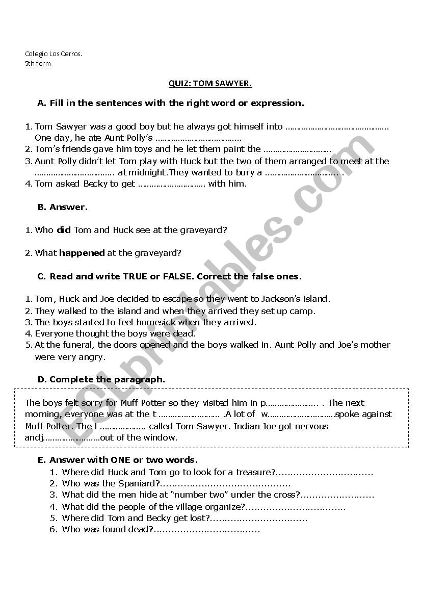 Tom Sawyer worksheet