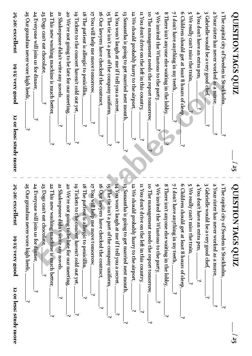 Question Tags Quiz worksheet