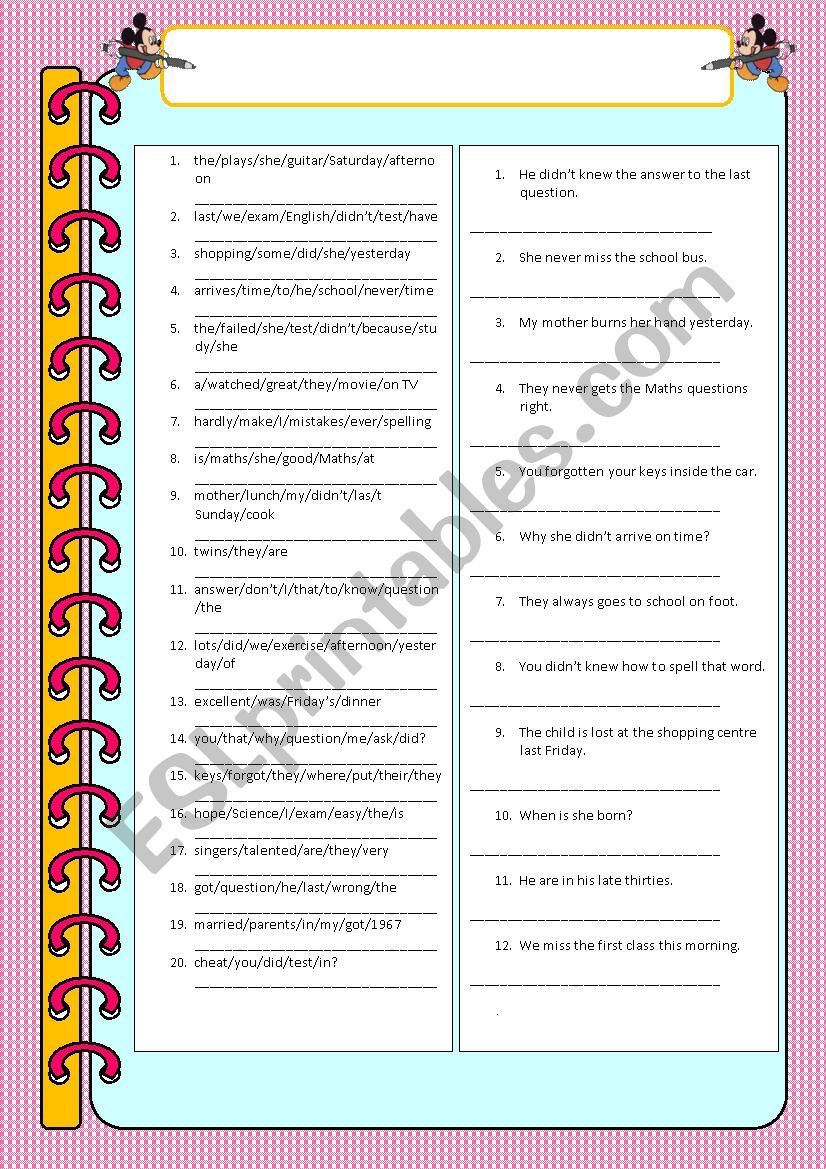 Present and Past Simple - Order the sentences and correct the mistakes