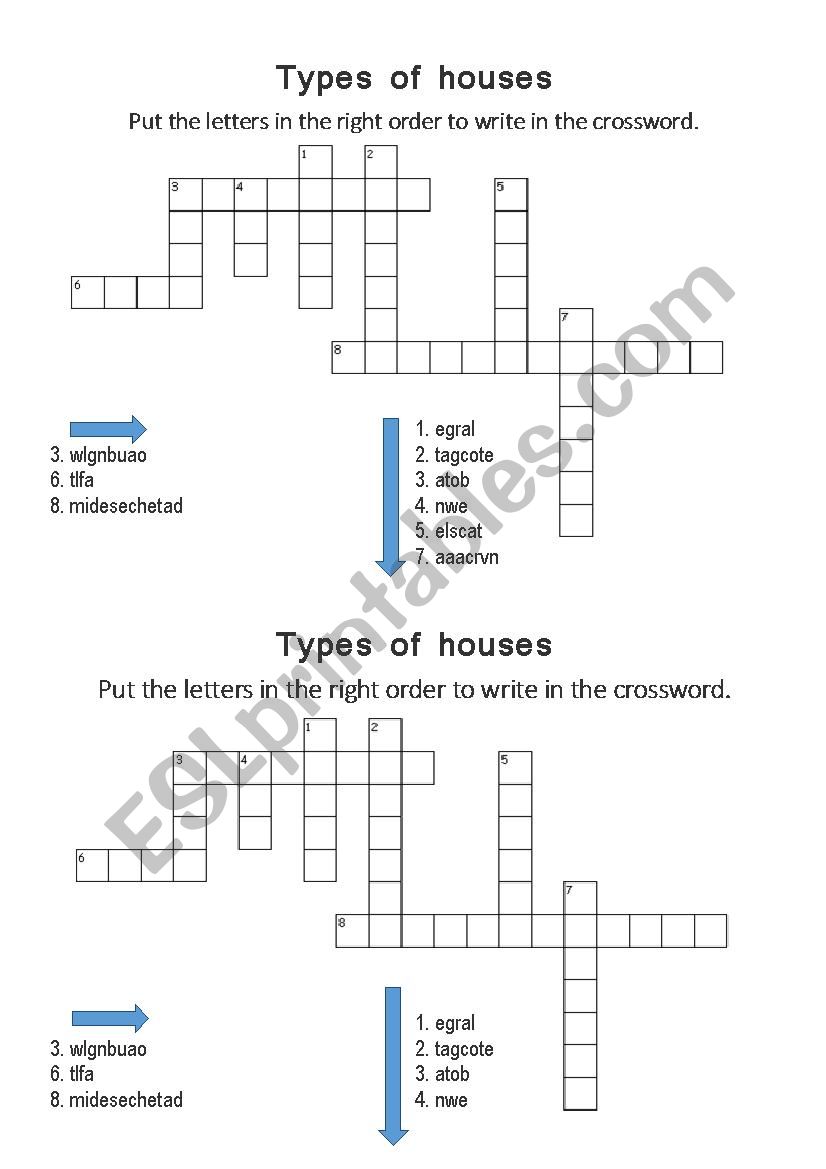 Crosswords + jumbled words types of houses ESL worksheet by LucieLB