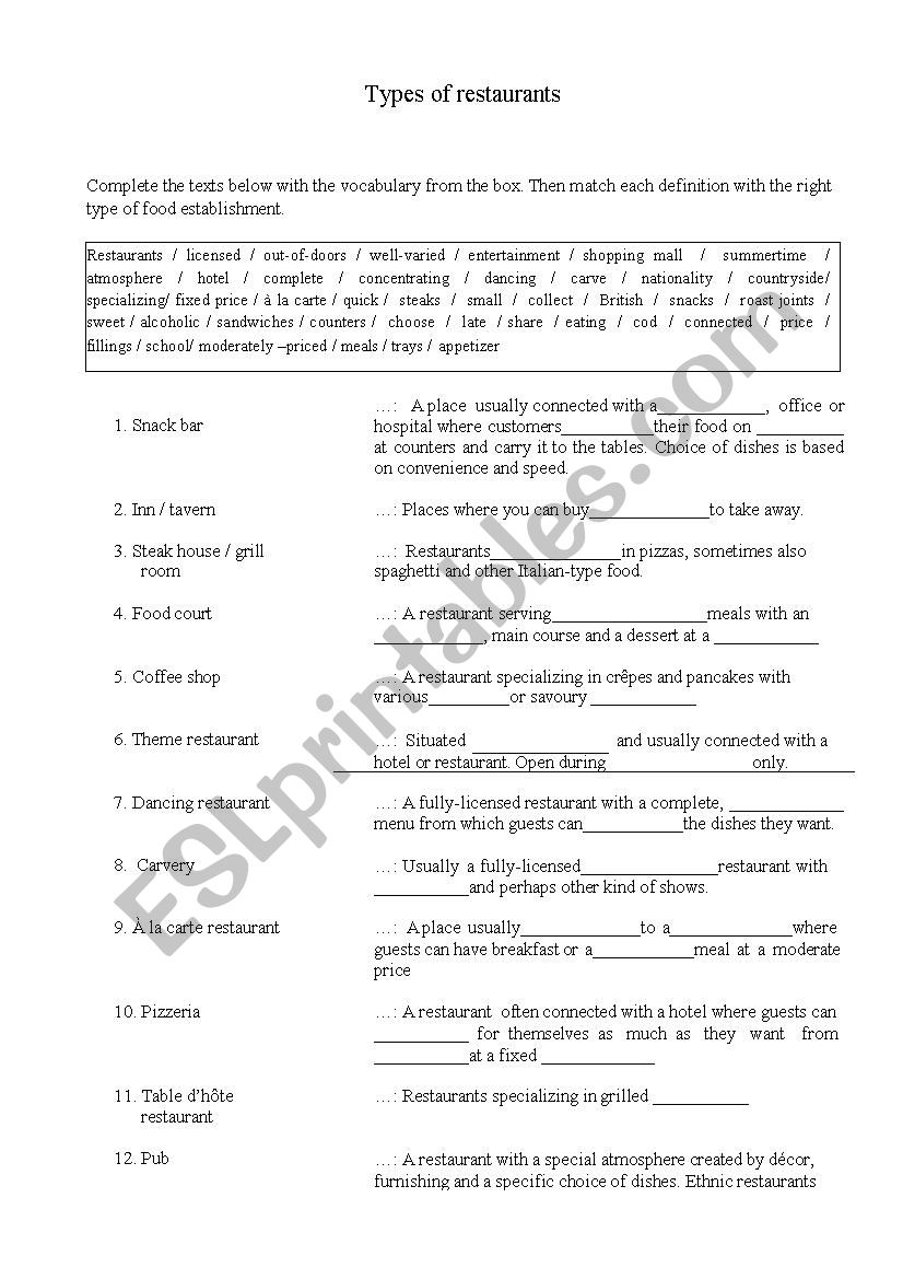 Types of Restaurants worksheet