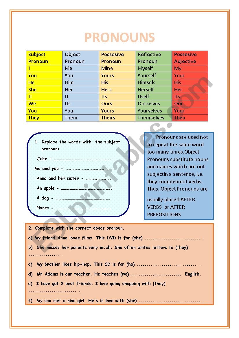 Pronouns worksheet