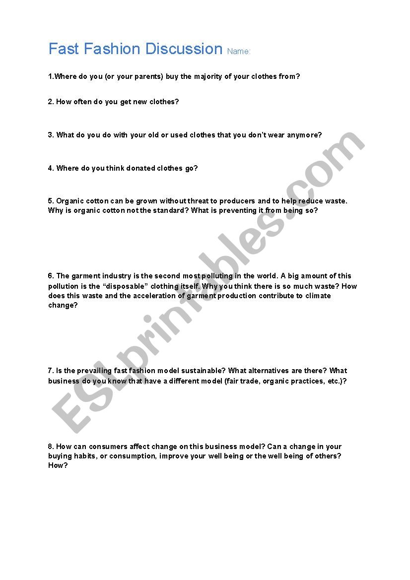 Fast Fashion Worksheet worksheet