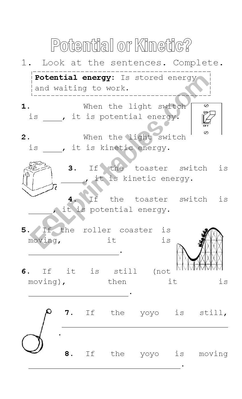 Kinetic and Potential enery  worksheet