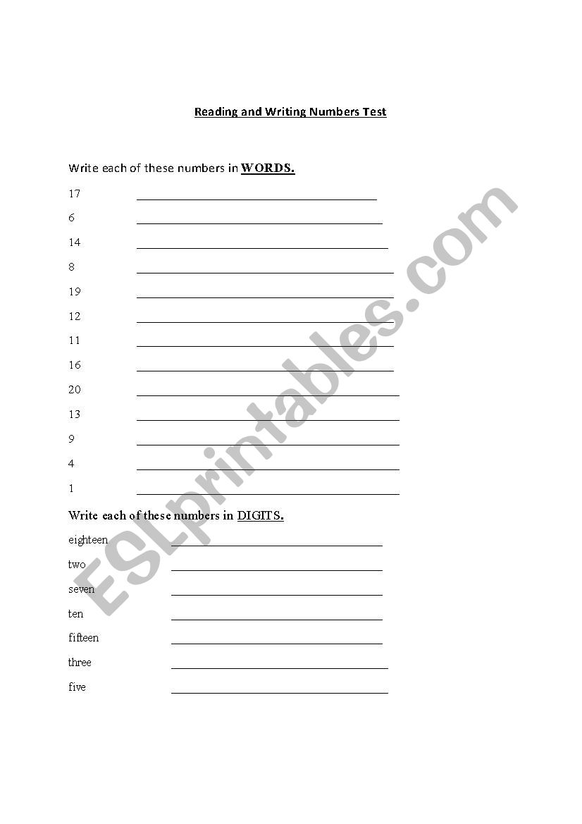reading and writing numbers worksheet
