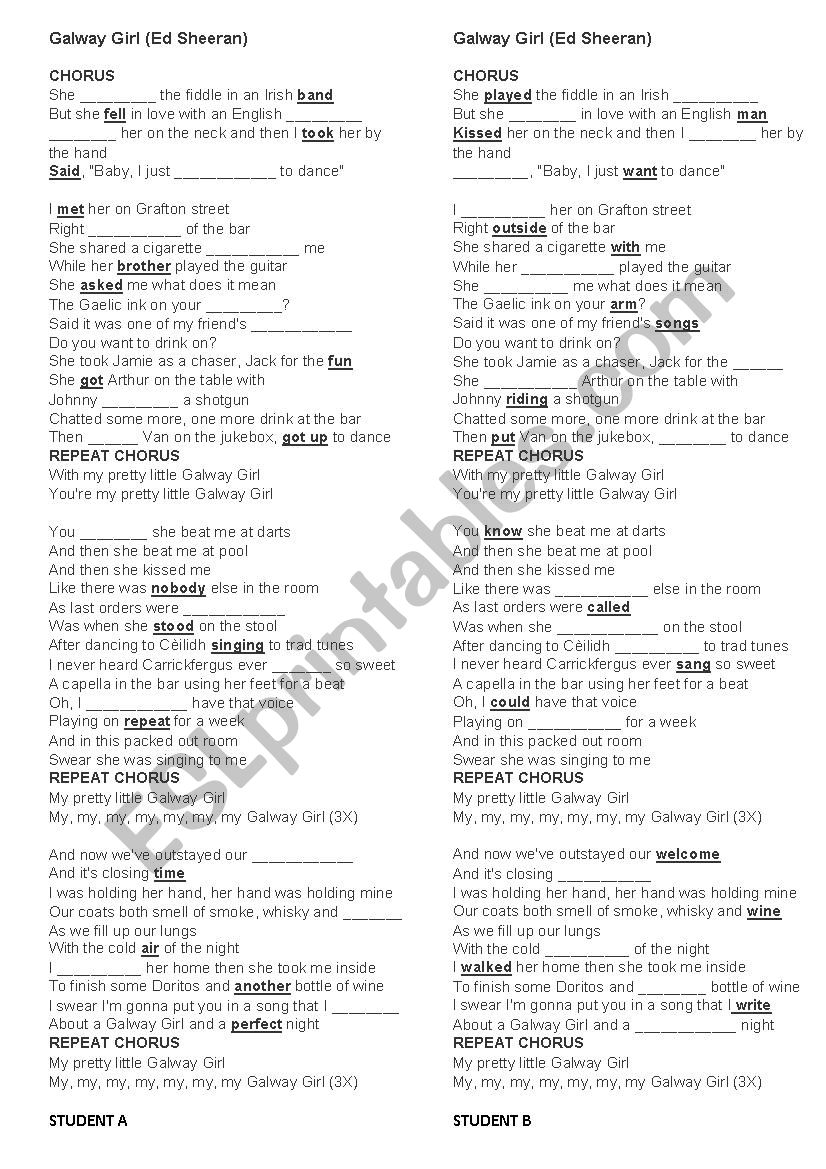 Galway Girl Ed Sheeran worksheet