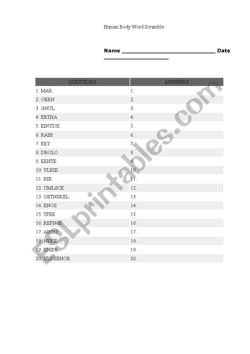 body part worksheet