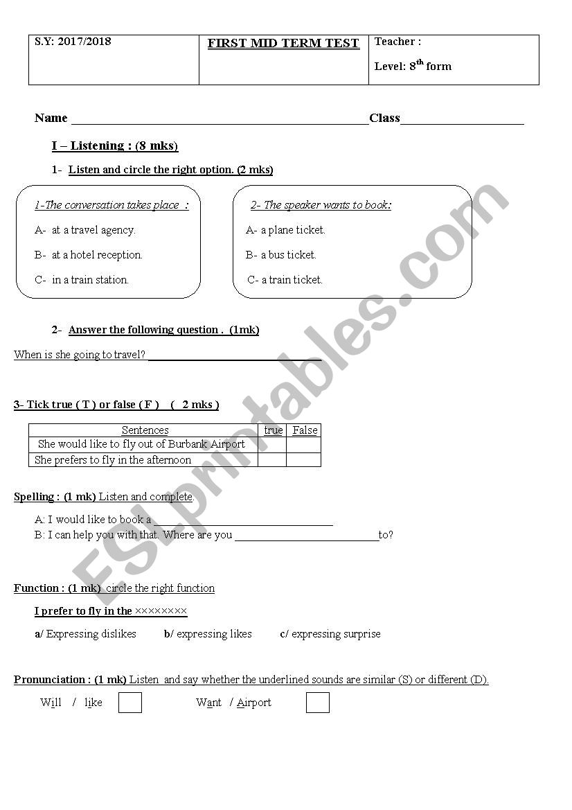 8th Form First Semester Test 1