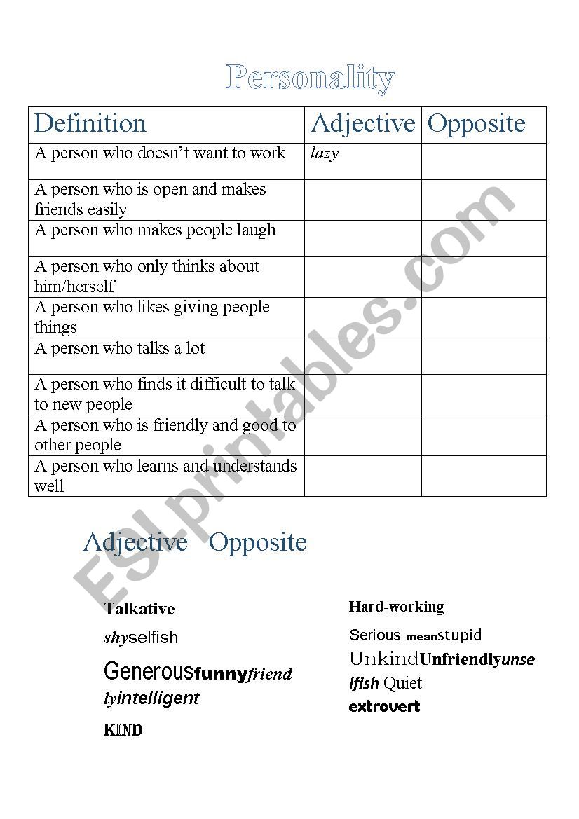 Personality worksheet