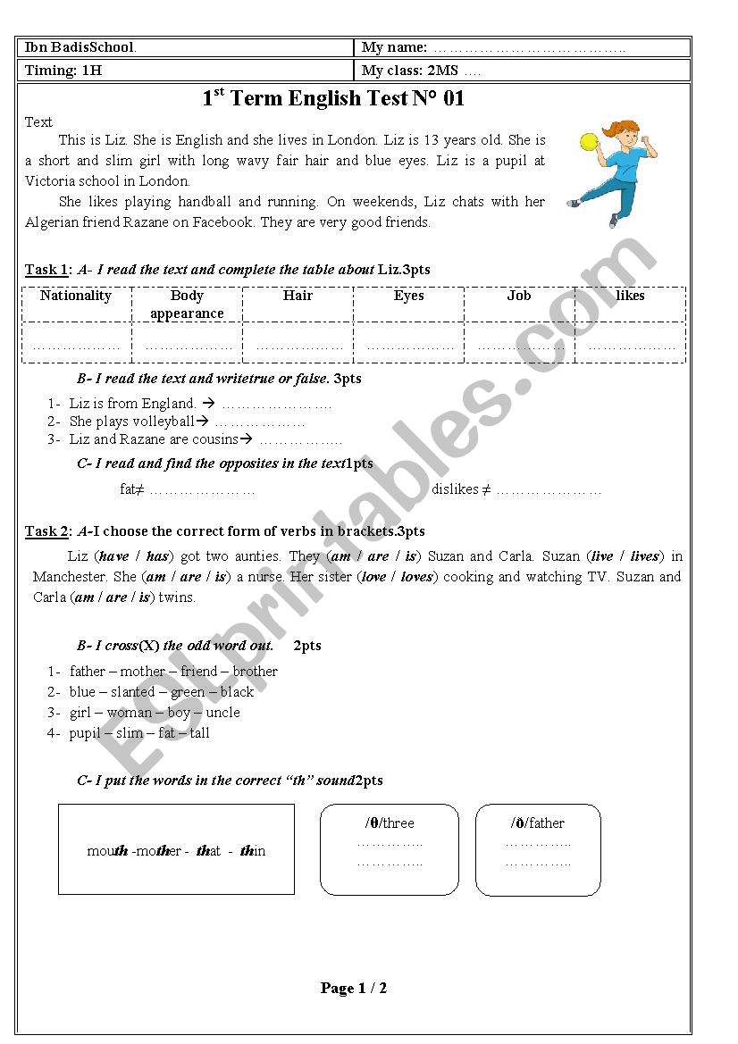 2MS test - Describing people worksheet