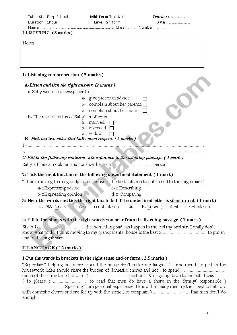 9th form Mid-Term Test N:1 worksheet