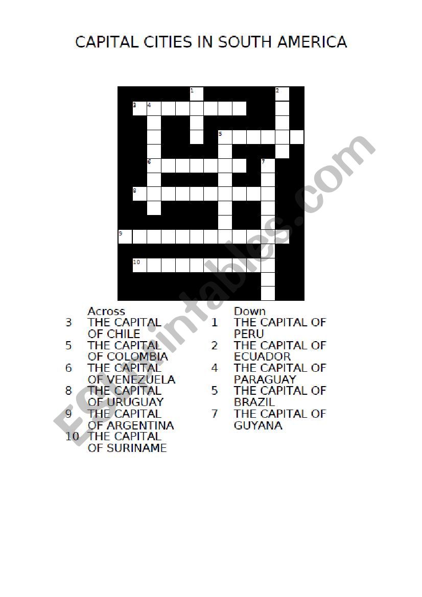 CROSSWORD - CAPITAL CITIES IN SOUTH AMERICA + KEY