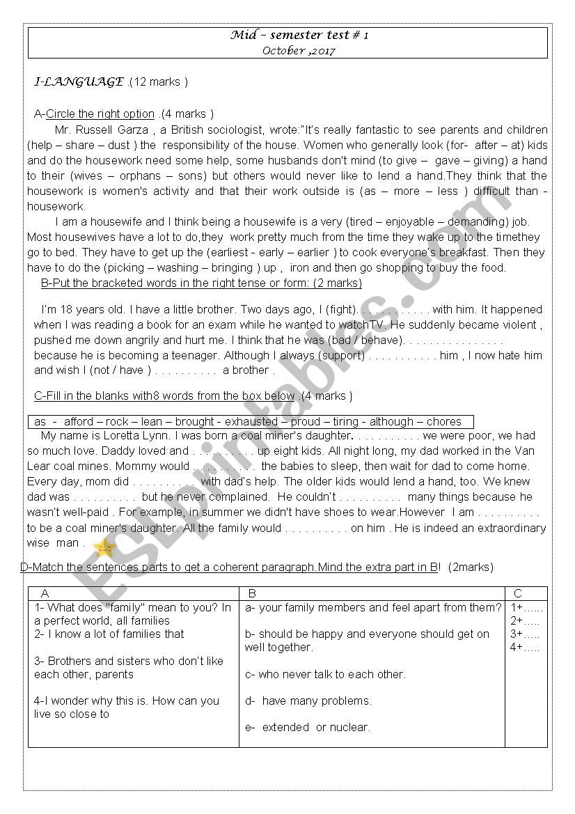 mid-semester test 1 ,9th form worksheet