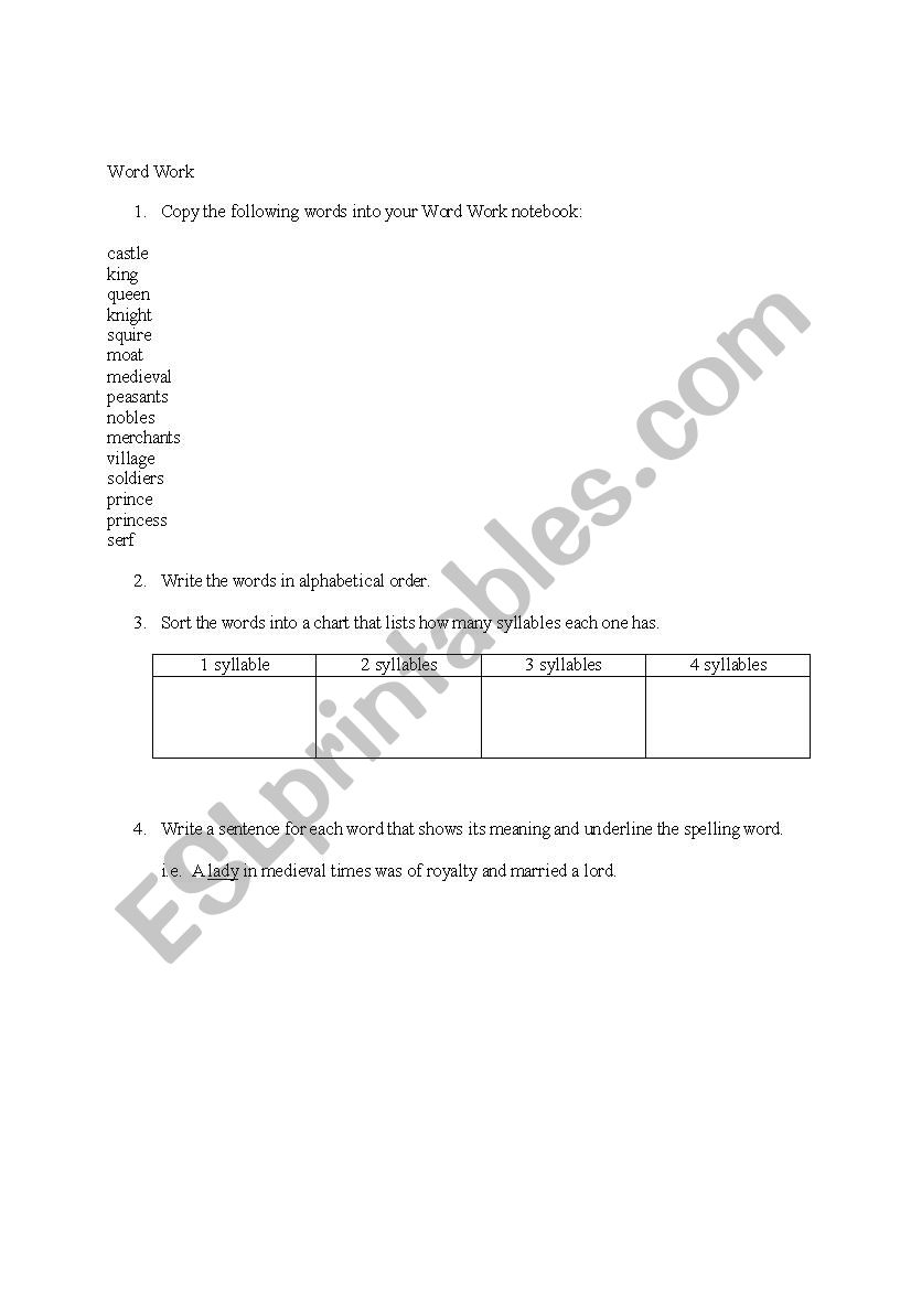 Word Work: Medieval worksheet