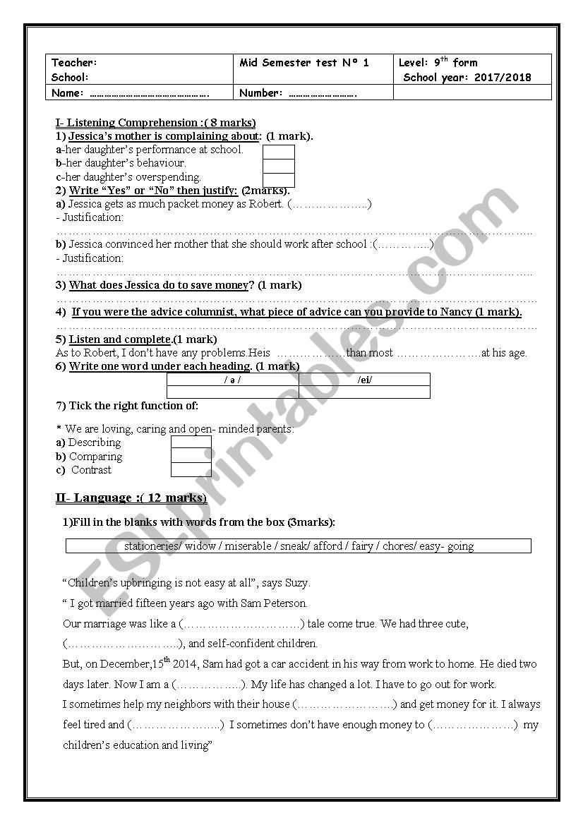 mid semester test n1? 9TH FORM