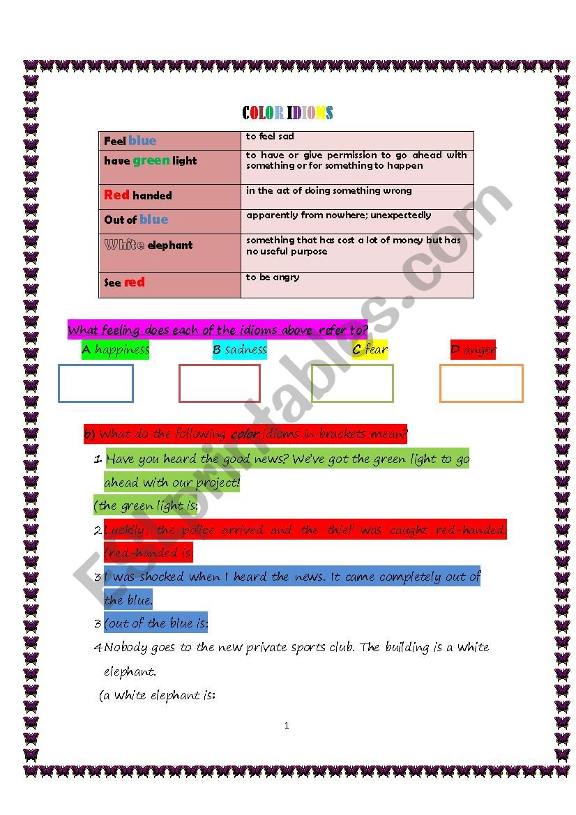 color idioms worksheet