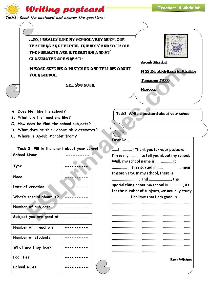 Writing Post Card worksheet