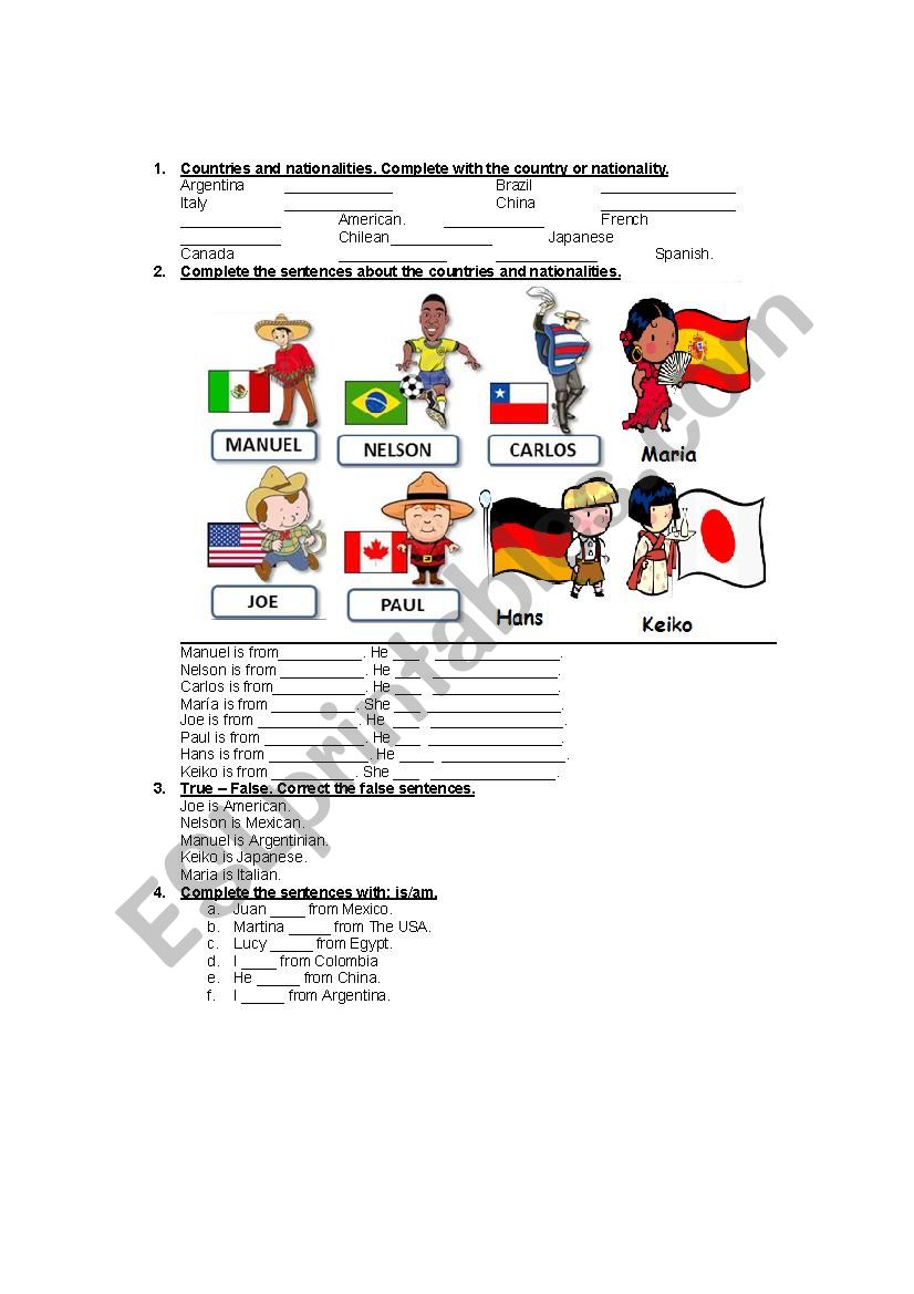 Countries and nationalities worksheet